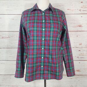 LANDS END Tartan Plaid Button-Up Shirt Red Green Blue Christmas Holiday Size 14